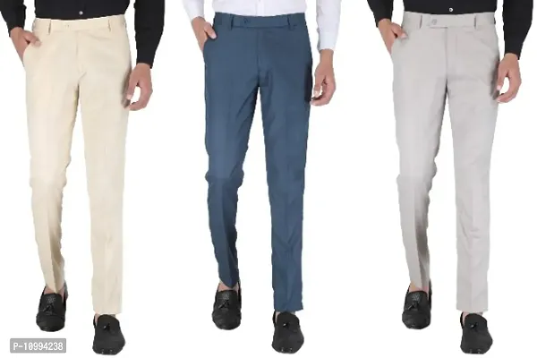 Playerz Pack Of 3 Slim Fit Formal Trousers (Beige, Blue  Light Grey)