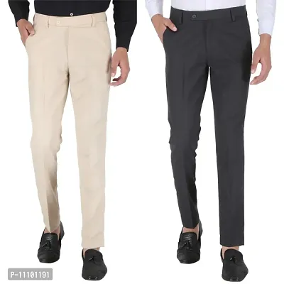 Playerz Pack of 2  Slim Fit Formal Trousers (Cream  Grey)