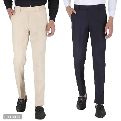 Playerz Pack of 2  Slim Fit Formal Trousers (Cream  Blue)