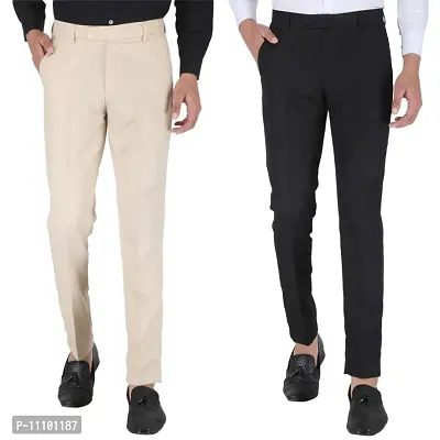 Playerz Pack of 2  Slim Fit Formal Trousers (Cream  Black)-thumb0