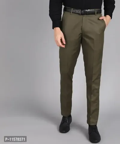 Green Polyester Blend Mid Rise Formal Trousers For Men