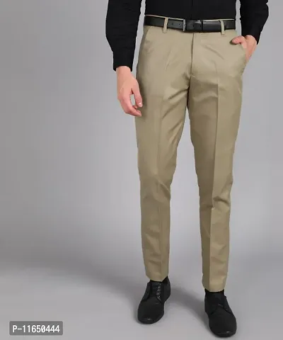 Khaki Polyester Blend Mid Rise Formal Trousers For Men