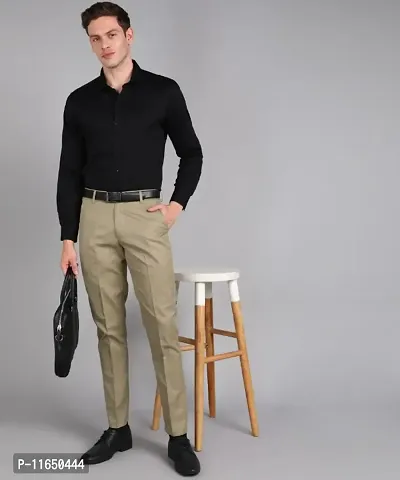 Khaki Polyester Blend Mid Rise Formal Trousers For Men-thumb5