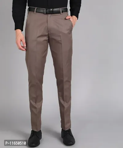 Brown Polyester Blend Mid Rise Formal Trousers For Men