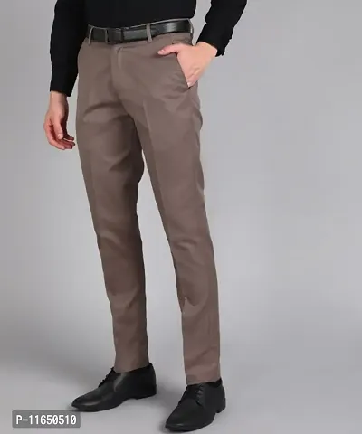Brown Polyester Blend Mid Rise Formal Trousers For Men-thumb2