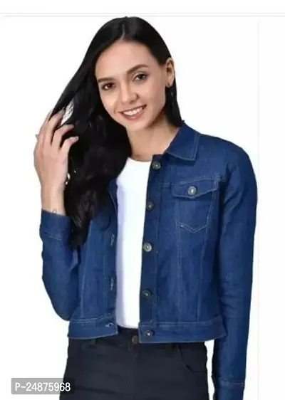 Stylish Blue Solid Denim Jacket For Women