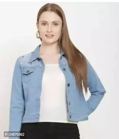 Stylish Blue Solid Denim Jacket For Women-thumb0