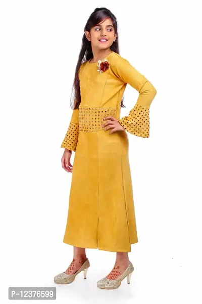 Truffles Girls Mustard Yellow Full Sleeve Round Neck Suede Fabric Full Maxi Dresses