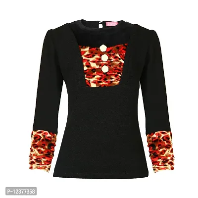 Truffles Girls Black Full Sleeves Round Neck With Tiger Print Sleeve Straight Tops