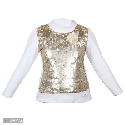 Truffles Girls White Full Sleeve Embellished Work Golden-Toned Sterling Sequin Straight Net Tops