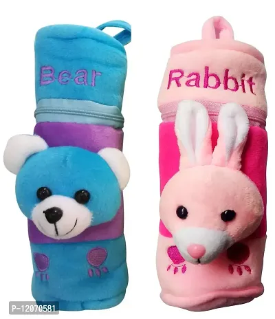 Mopslik Cute Velvet Baby Warm Milk Feeding Bottle Cover (Rabbit-Bear, Pack of 2)