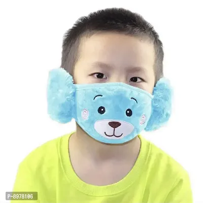Kids Boys Warm Winter Plush Cartoon Ear Muff Face Mask - Blue-thumb0