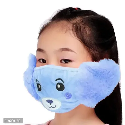 Kids Girls Warm Winter Plush Cartoon Ear Muff Face Mask - Blue