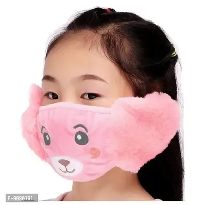 Kids Girls Warm Winter Plush Cartoon Ear Muff Face Mask - Pink-thumb0