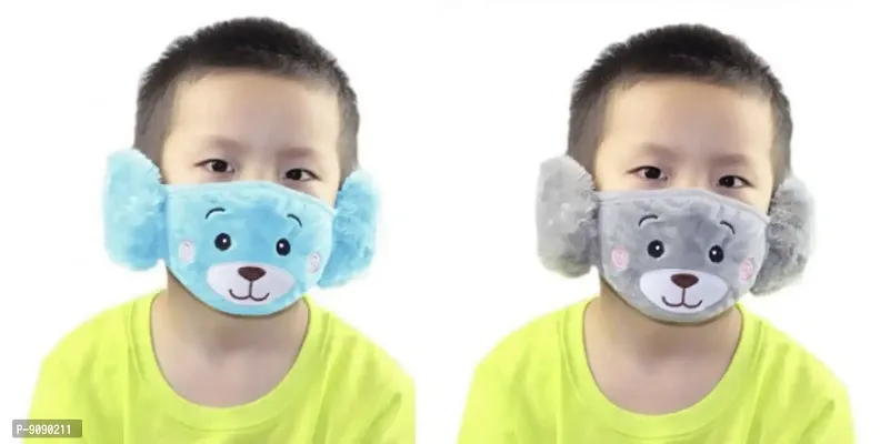 Pack Of 2  - Kids Boys Warm Winter Plush Cartoon Ear Muff Face Mask - Blue - Grey