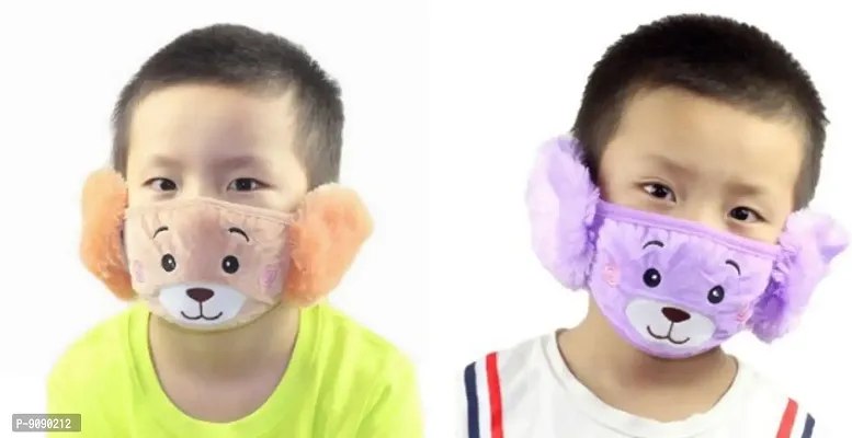 Pack Of 2  - Kids Boys Warm Winter Plush Cartoon Ear Muff Face Mask - Brown , Violet