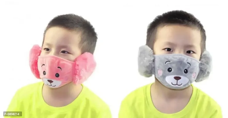 Pack Of 2  - Kids Boys Warm Winter Plush Cartoon Ear Muff Face Mask - Peach Grey