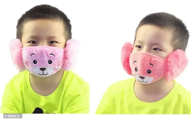 Pack Of 2  - Kids Boys Warm Winter Plush Cartoon Ear Muff Face Mask - Pink Peach