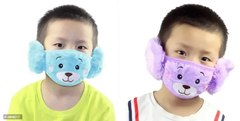 Pack Of 2  - Kids Boys Warm Winter Plush Cartoon Ear Muff Face Mask - Blue Violet-thumb0