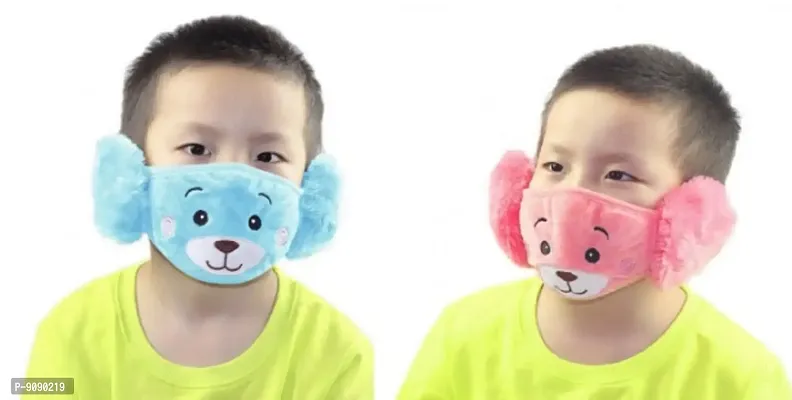Pack Of 2  - Kids Boys Warm Winter Plush Cartoon Ear Muff Face Mask - Blue Peach-thumb0