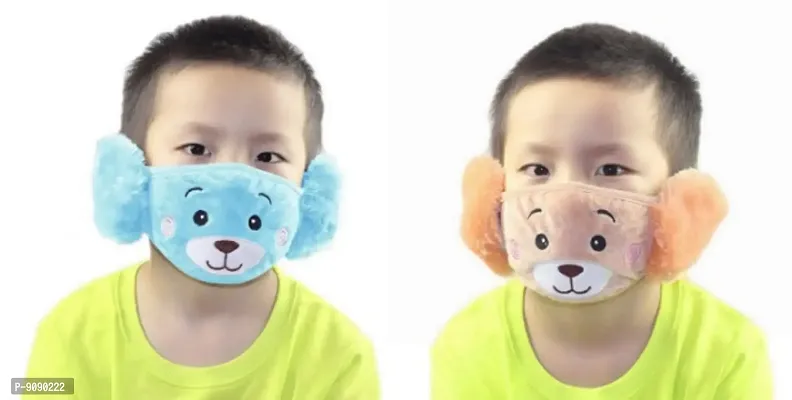 Pack Of 2  - Kids Boys Warm Winter Plush Cartoon Ear Muff Face Mask - Blue Brown-thumb0