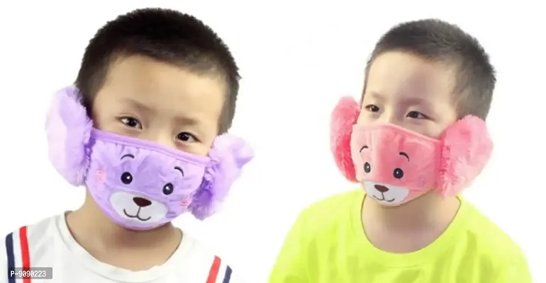 Pack Of 2  - Kids Boys Warm Winter Plush Cartoon Ear Muff Face Mask - Violet Peach-thumb0