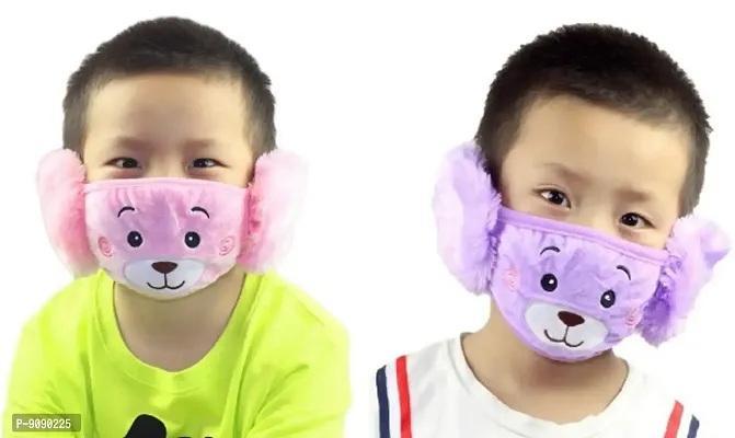 Pack Of 2  - Kids Boys Warm Winter Plush Cartoon Ear Muff Face Mask - Pink Violet-thumb0