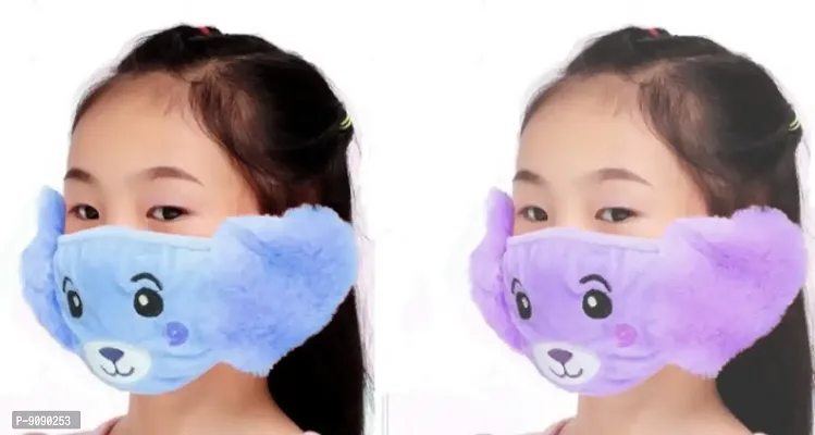 Pack Of 2  - Kids Girls  Warm Winter Plush Cartoon Ear Muff Face Mask - Blue Violet-thumb0