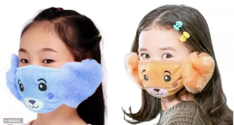 Pack Of 2  - Kids Girls  Warm Winter Plush Cartoon Ear Muff Face Mask - Blue Brown-thumb0