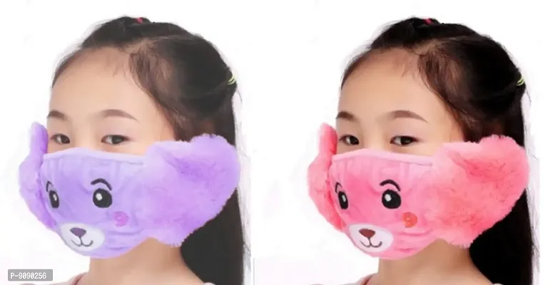 Pack Of 2  - Kids Girls  Warm Winter Plush Cartoon Ear Muff Face Mask - Violet  Peach-thumb0