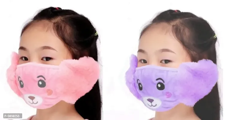 Pack Of 2  - Kids Girls  Warm Winter Plush Cartoon Ear Muff Face Mask - Pink Violet-thumb0