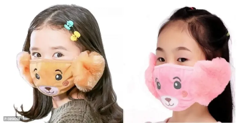 Pack Of 2  - Kids Girls  Warm Winter Plush Cartoon Ear Muff Face Mask - Brown Pink-thumb0