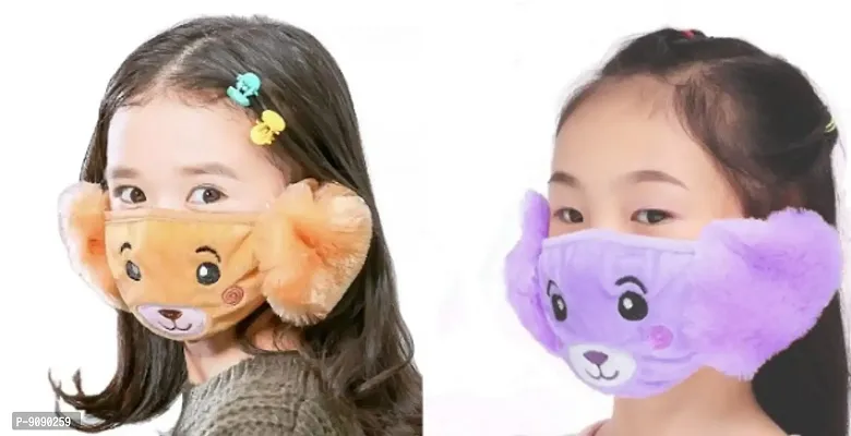 Pack Of 2  - Kids Girls  Warm Winter Plush Cartoon Ear Muff Face Mask - Brown Violet-thumb0