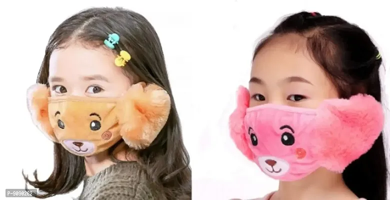 Pack Of 2  - Kids Girls  Warm Winter Plush Cartoon Ear Muff Face Mask - Brown Peach-thumb0