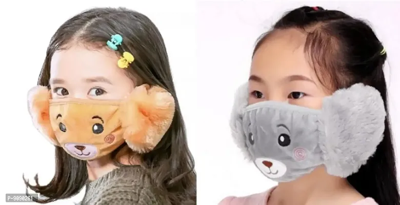 Pack Of 2  - Kids Girls  Warm Winter Plush Cartoon Ear Muff Face Mask - Brown Grey-thumb0