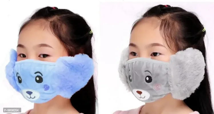 Pack Of 2  - Kids Girls  Warm Winter Plush Cartoon Ear Muff Face Mask - Blue Grey