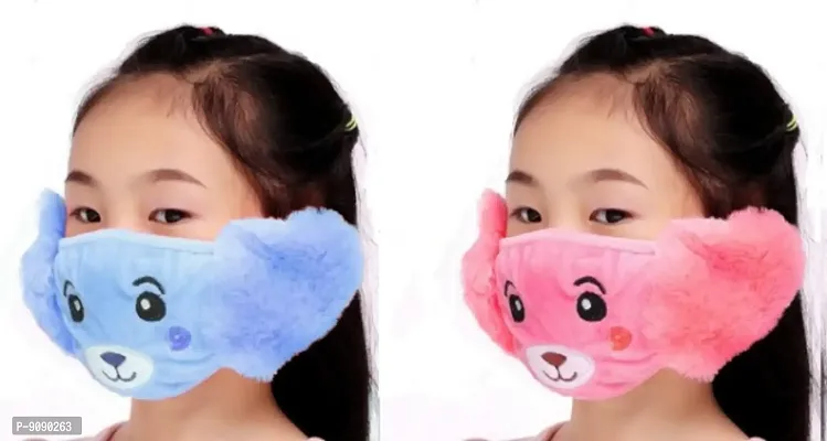 Pack Of 2  - Kids Girls  Warm Winter Plush Cartoon Ear Muff Face Mask - Blue Peach-thumb0