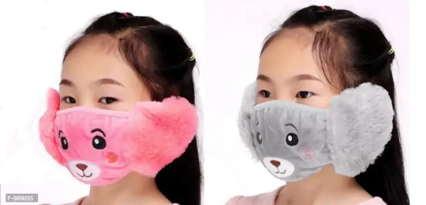Pack Of 2  - Kids Girls  Warm Winter Plush Cartoon Ear Muff Face Mask - Peach grey-thumb0