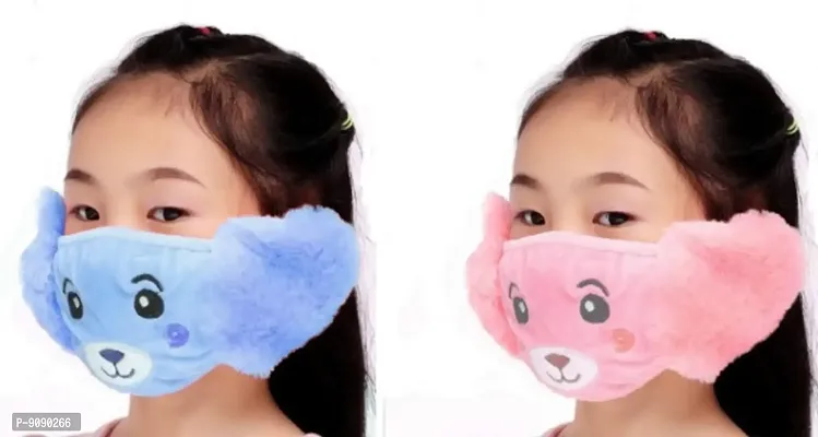 Pack Of 2  - Kids Girls  Warm Winter Plush Cartoon Ear Muff Face Mask - Blue Pink-thumb0