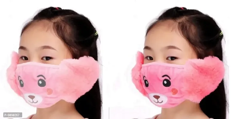 Pack Of 2  - Kids Girls  Warm Winter Plush Cartoon Ear Muff Face Mask - Pink Peach-thumb0
