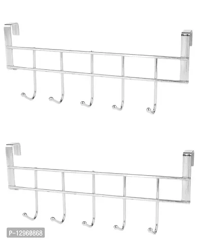 Metal Hanger Cabinet Organizer Stand Hanger for Kitchen with 5 Hooks (Silver) (Pack of 2)-thumb0