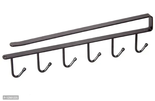 Metal Hanger Under Shelf Coffee Mug Cup Holder Rack Organizer Stand for Kitchen Counter, Cabinet, Table with 6 Hooks ( Black ) (Pack of 1)-thumb0