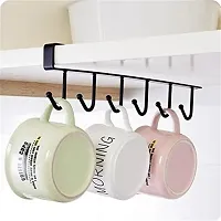 Metal Hanger Under Shelf Coffee Mug Cup Holder Rack Organizer Stand for Kitchen Counter, Cabinet, Table with 6 Hooks ( Black ) (Pack of 2)-thumb1