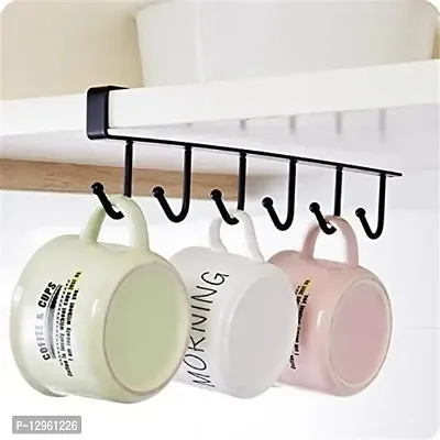 Metal Hanger Under Shelf Coffee Mug Cup Holder Rack Organizer Stand for Kitchen Counter, Cabinet, Table with 6 Hooks ( Black ) (Pack of 2)-thumb2