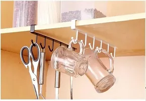 Metal Hanger Under Shelf Coffee Mug Cup Holder Rack Organizer Stand for Kitchen Counter, Cabinet, Table with 6 Hooks ( Black ) (Pack of 2)-thumb3