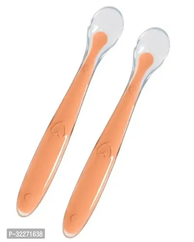 Soft Silicone Gel Tip Baby Infant Feeding Training Spoon Pack of 2 - Orange-thumb0