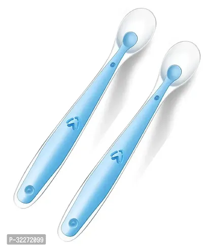 Soft Silicone Gel Tip Baby Infant Feeding Training Spoon Pack of 2 - Blue-thumb0