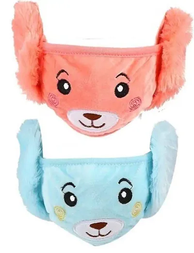 Pack Of 2 Warm Winter Fleece  Boys and Girls Earmuff With Face  Mask -  Blue and Peach