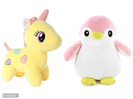 2 Pcs Yellow Unicorn And Pink Penguin Soft Toys Best Gift For Valentine Day, Kids Birthday, Marriage Anniversary etc. High Quality Soft Material Attractive Unicorn - 25 Cm And Penguin - 30 Cm