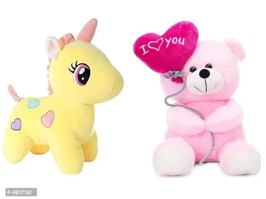 2 Pcs Yellow Unicorn And Pink Balloon Teddy Soft Toys Best Gift For Valentine Day, Kids Birthday, Marriage Anniversary etc. High Quality Soft Material Attractive Unicorn - 25 Cm And Teddy - 25 Cm-thumb0